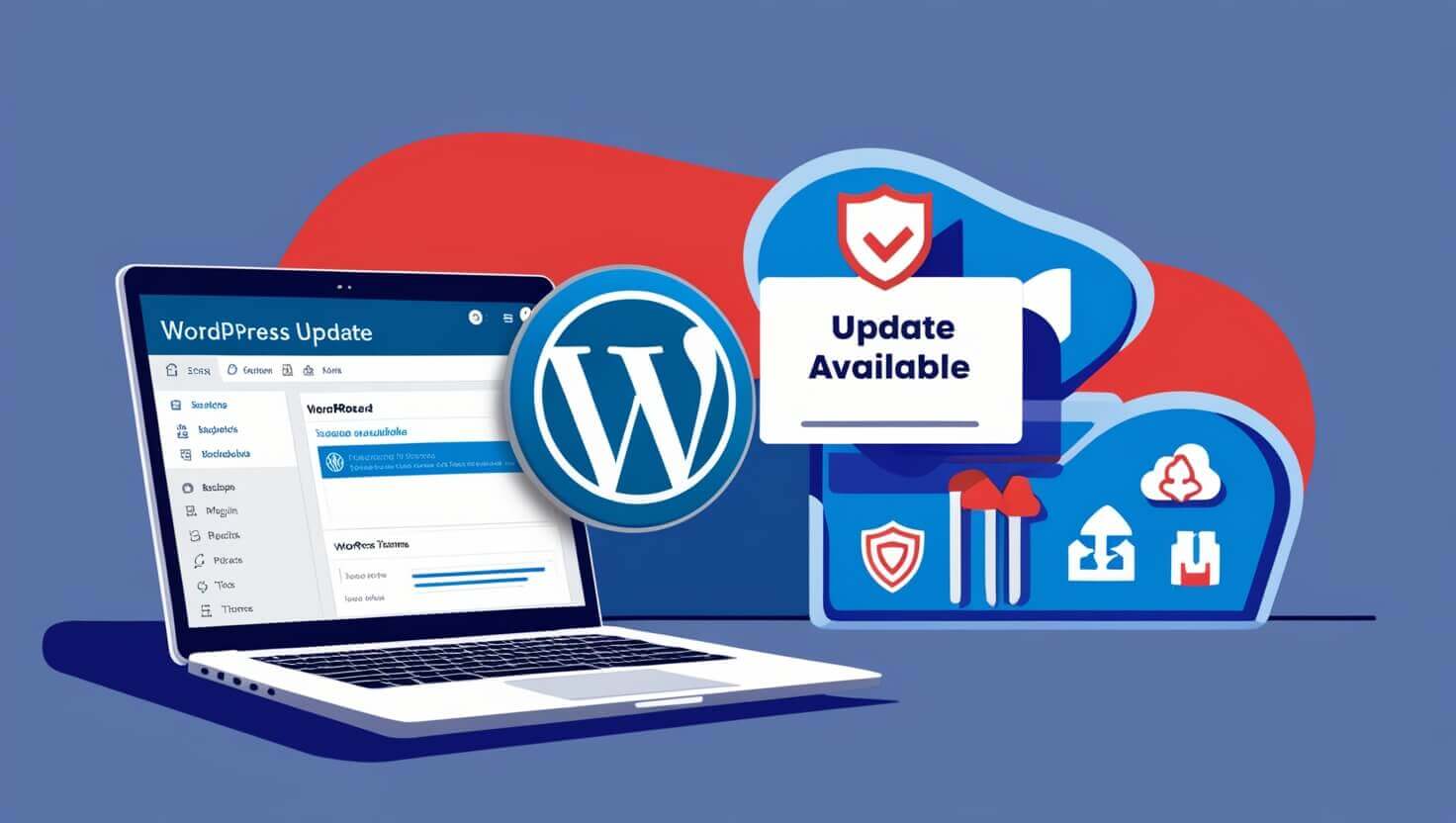 Ilustração de uma tela do WordPress exibindo uma notificação de atualização disponível, com ícones de segurança e melhorias de desempenho.