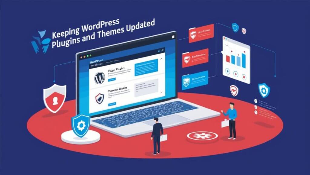 Ilustração de um laptop com o painel do WordPress exibindo notificações de atualizações para plugins e temas, com ícones de segurança e desempenho ao fundo.