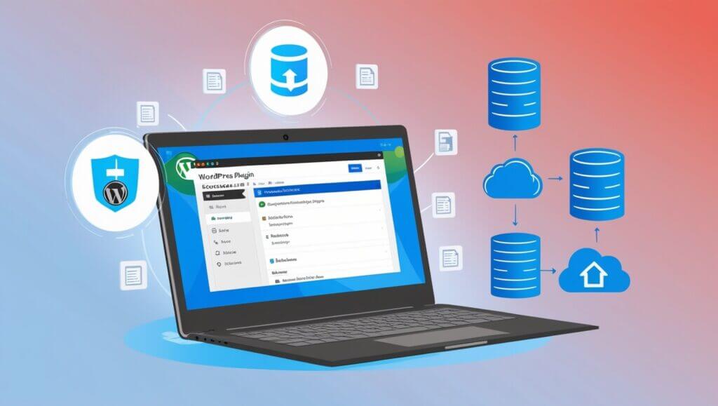 Ilustração de um processo de backup no WordPress, com ícones de segurança e armazenamento na nuvem.