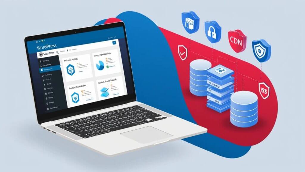 Ilustração de um site WordPress otimizado para velocidade, com elementos como cache, CDN e otimização de imagens visíveis no painel de controle.