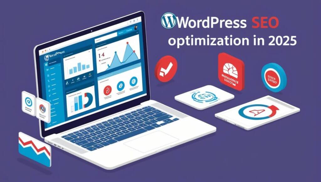 Ilustração mostrando o painel do WordPress com gráficos de SEO, ferramentas de palavras-chave e otimização de site para 2025.