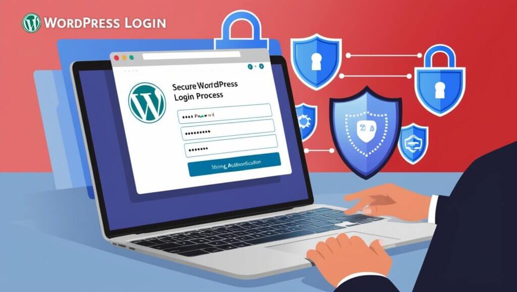 Ilustração de uma página de login do WordPress com elementos de segurança, como uma senha forte e a autenticação de dois fatores.
