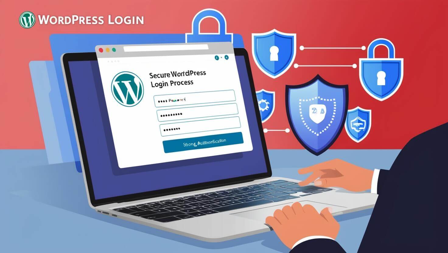 Ilustração de uma página de login do WordPress com elementos de segurança, como uma senha forte e a autenticação de dois fatores.