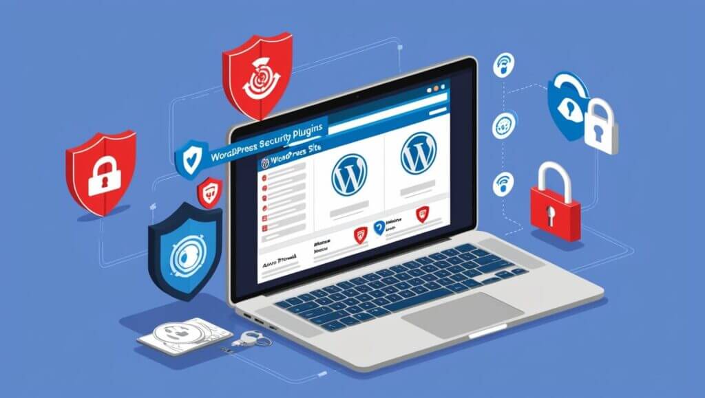 Ilustração de uma interface de plugins de segurança no WordPress com ícones representando diferentes camadas de proteção, como firewall e autenticação de dois fatores.