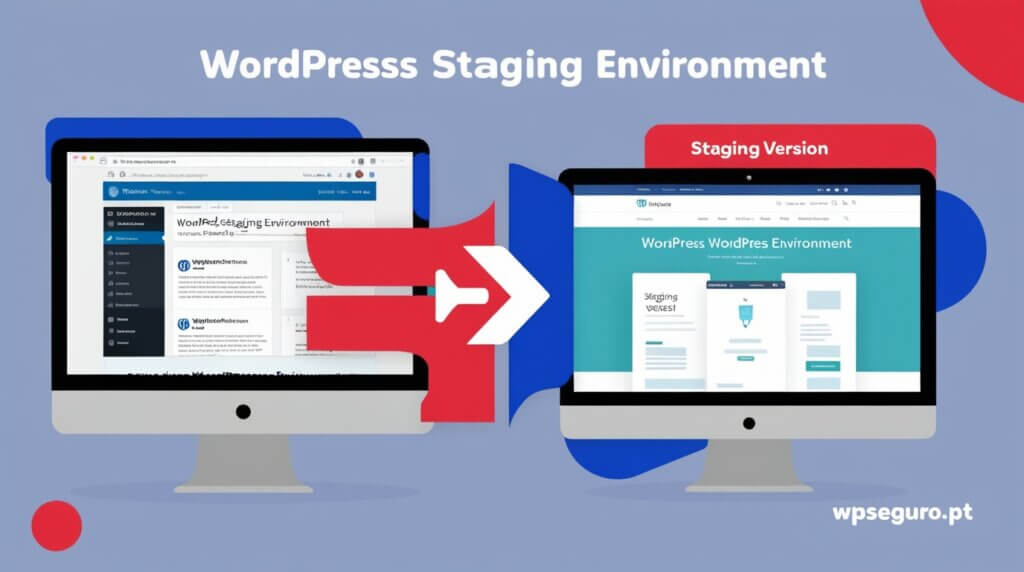 Representação profissional de um ambiente de staging para WordPress, destacando as diferenças entre o site ao vivo e o staging.