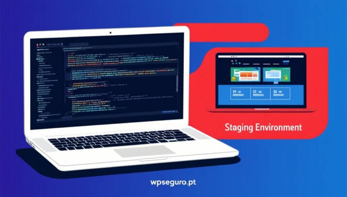Laptop com dois ecrãs exibindo um site WordPress em desenvolvimento e em produção.