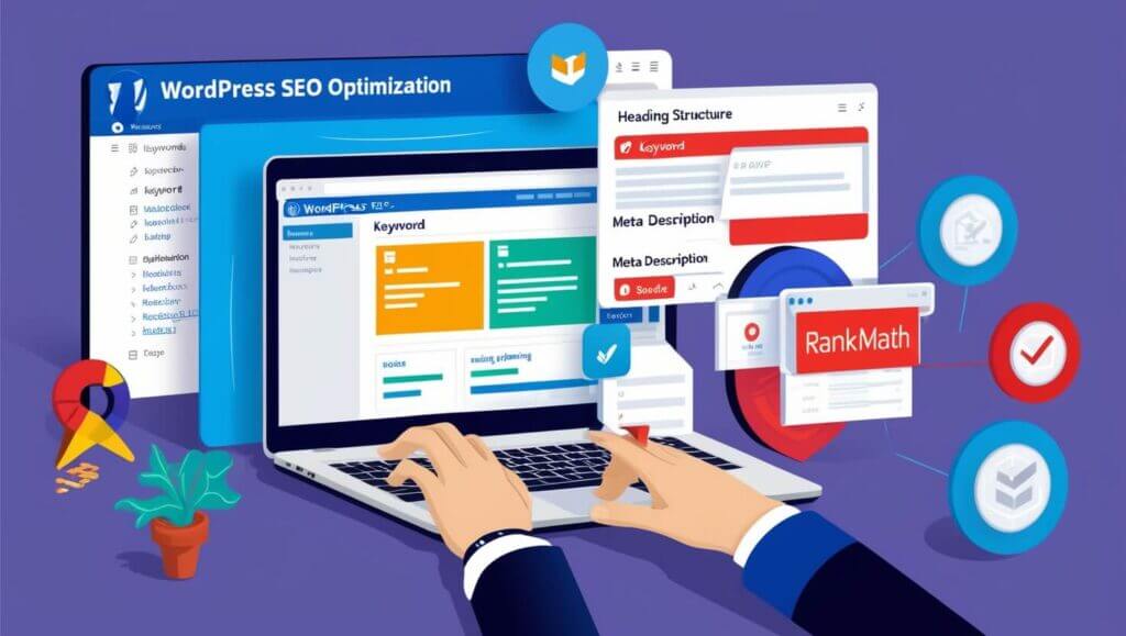 Otimização de conteúdo SEO-Friendly no WordPress com destaque para palavras-chave, headings e meta descrições.