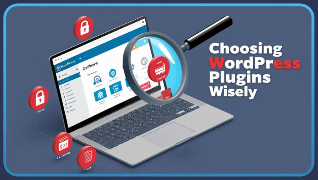 Ilustração de um dashboard WordPress com ícones de plugins, destacando segurança, desempenho e formulários.