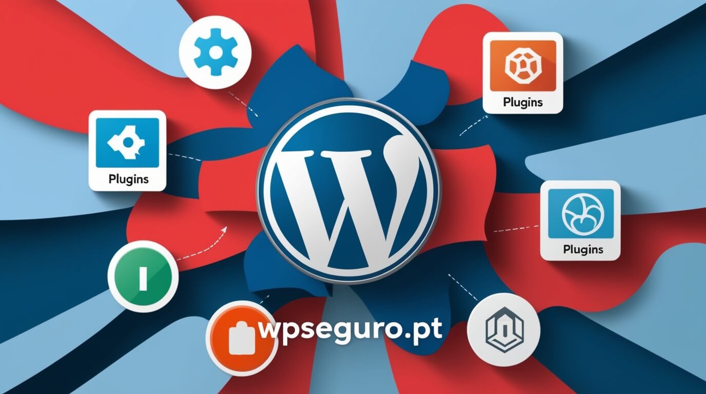 Representação artística do WordPress com ícones de plugins.