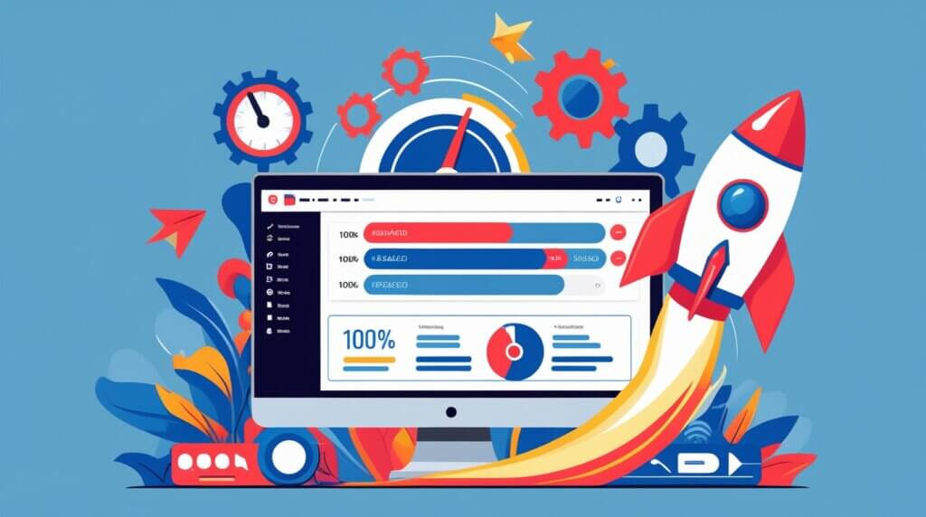 Ilustração de um dashboard WordPress com símbolos de velocidade e otimização