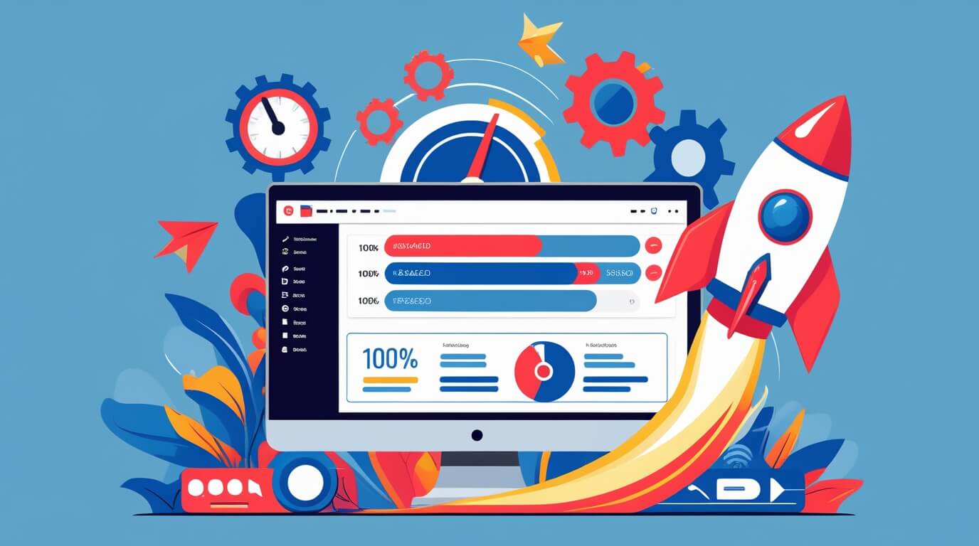 Ilustração de um dashboard WordPress com símbolos de velocidade e otimização