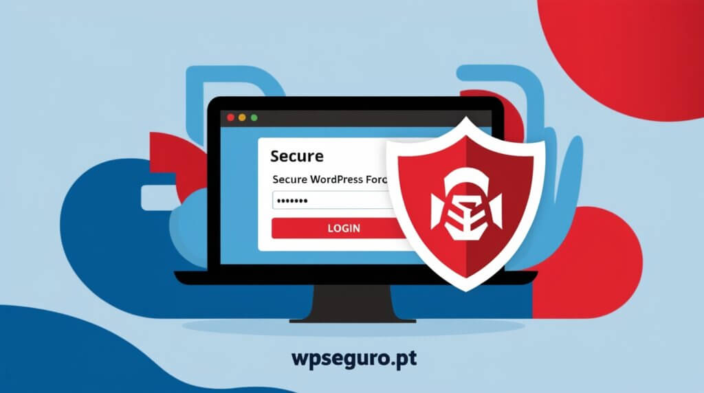 Ilustração do ecrã de login do WordPress com um ícone de escudo, simbolizando proteção contra ataques brute force.