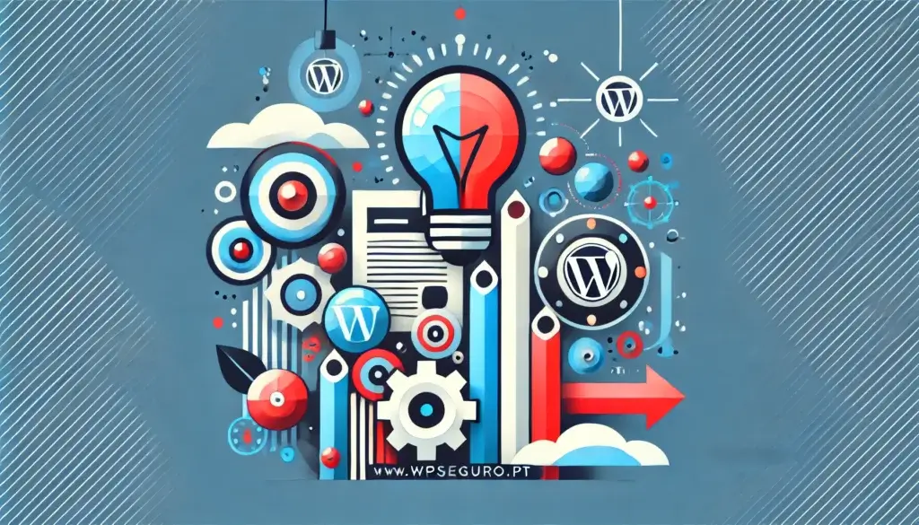 Imagem destacando crescimento e inovação para utilizadores do WordPress, com formas abstratas representando engrenagens, setas e uma lâmpada.
