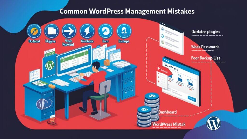 Representação visual dos erros comuns na gestão de sites WordPress, como atualizações ignoradas e uso de senhas fracas.