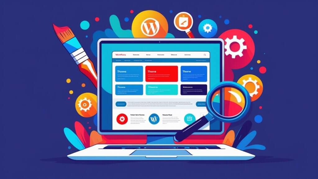 Escolha do tema ideal para WordPress representada por ícones e um laptop.