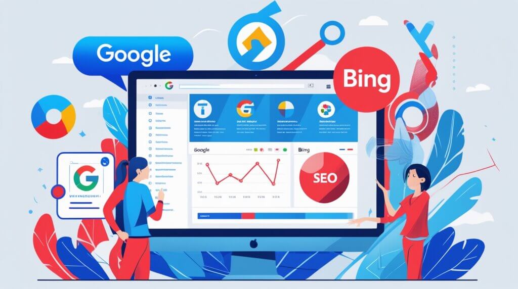 Representação gráfica de um painel WordPress com elementos de Google, Bing e ferramentas de SEO.