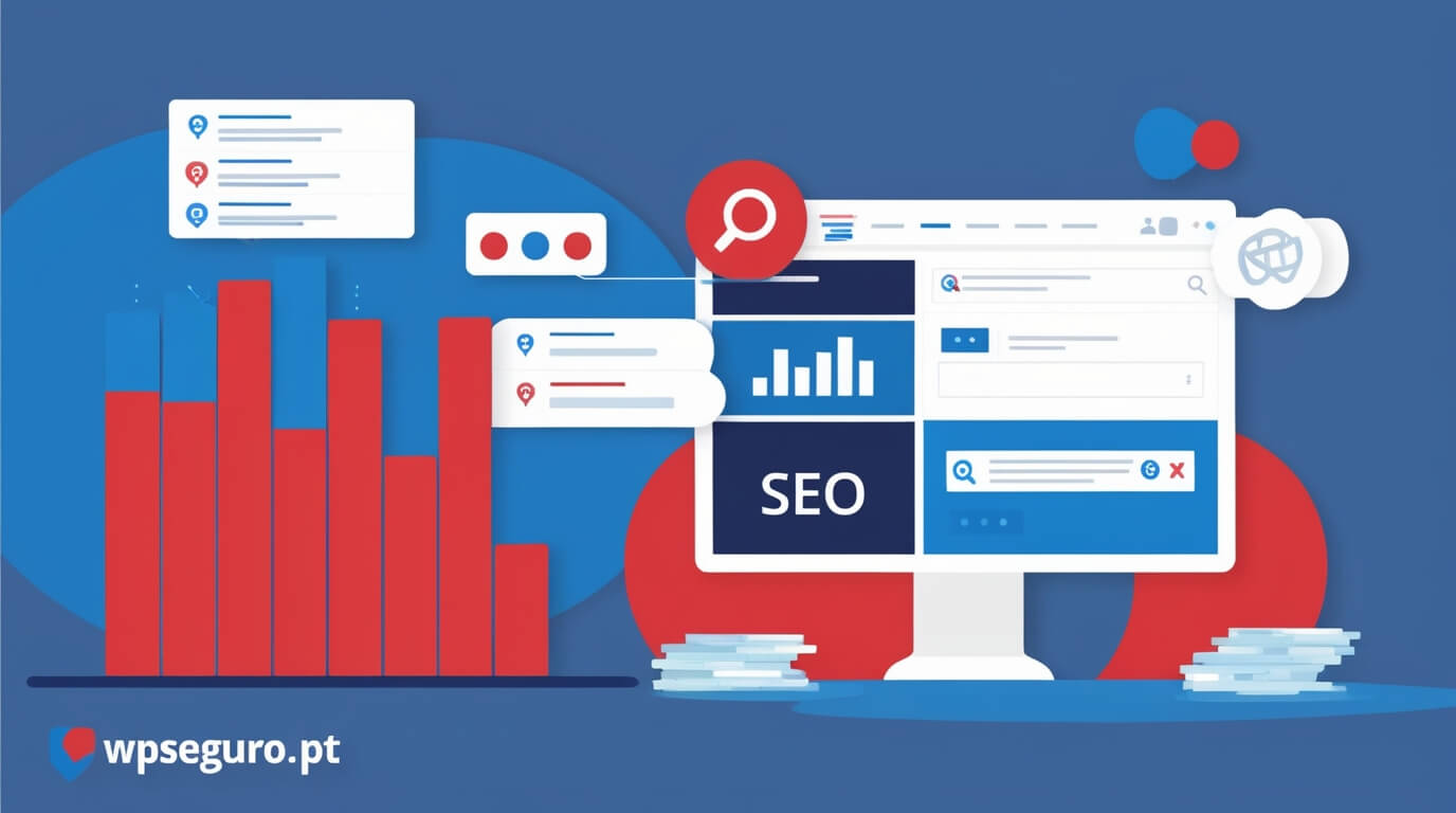 Representação visual de SEO no WordPress com gráficos e ícones de otimização.