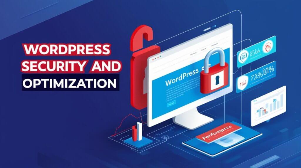 Imagem de segurança e otimização do WordPress, destacando profissionalismo e criatividade.